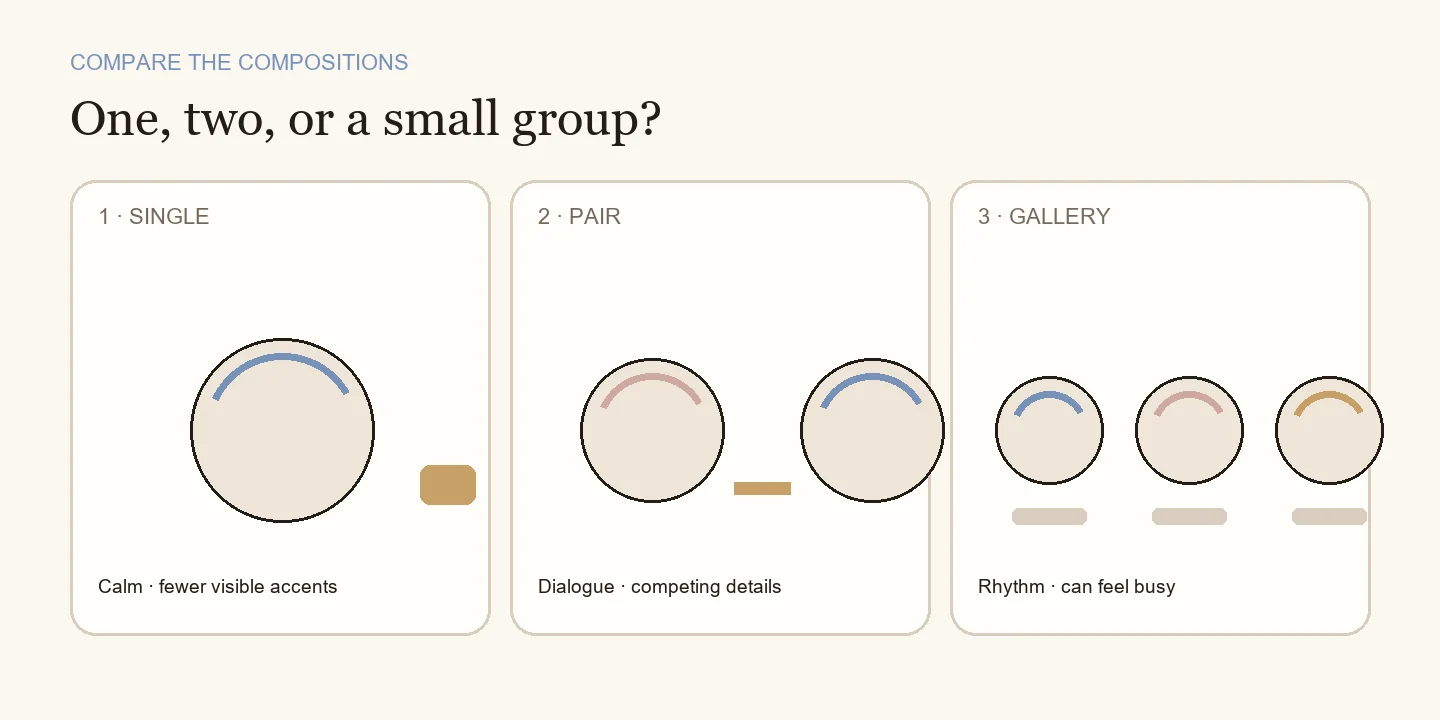 Comparison diagram of single, paired and small-gallery reborn doll display compositions