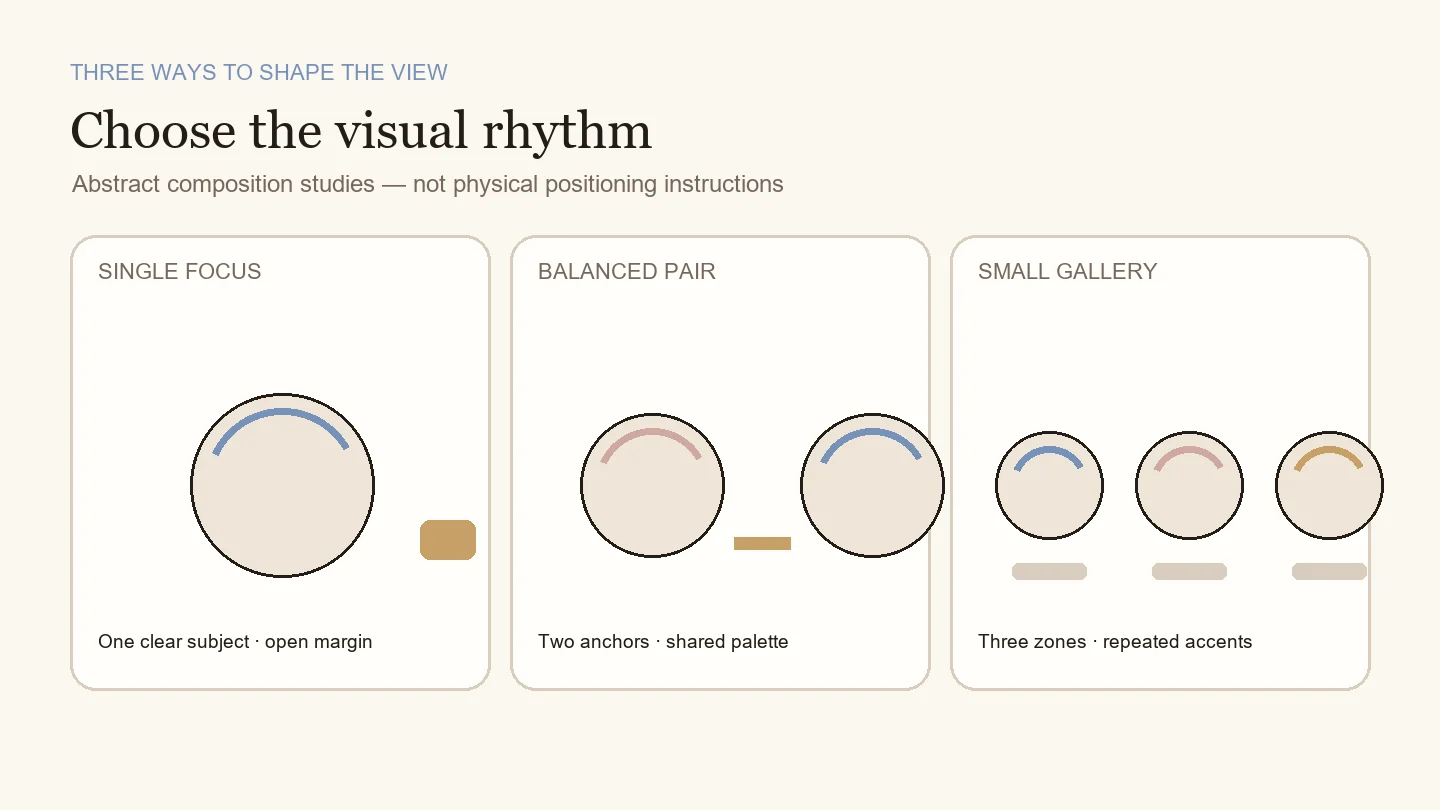 Three graphic reborn doll display arrangements: single focus, balanced pair and small gallery